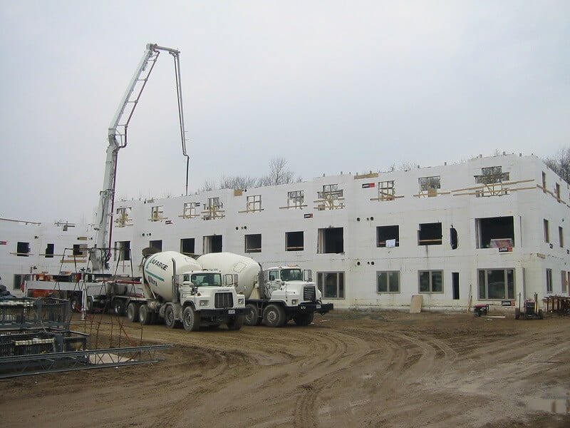 Insulated Concrete Form walls being poured on a multi-storey building